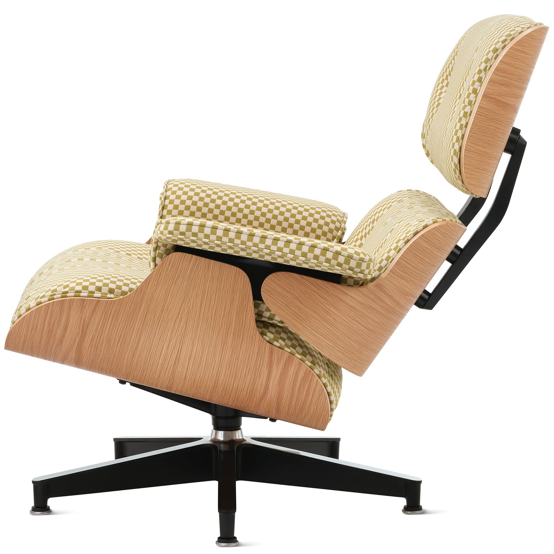 eames lounge chair in fabric without ottoman / standard classic height / natural white oak veneer / checker emerald/light ivory fabric upholstery